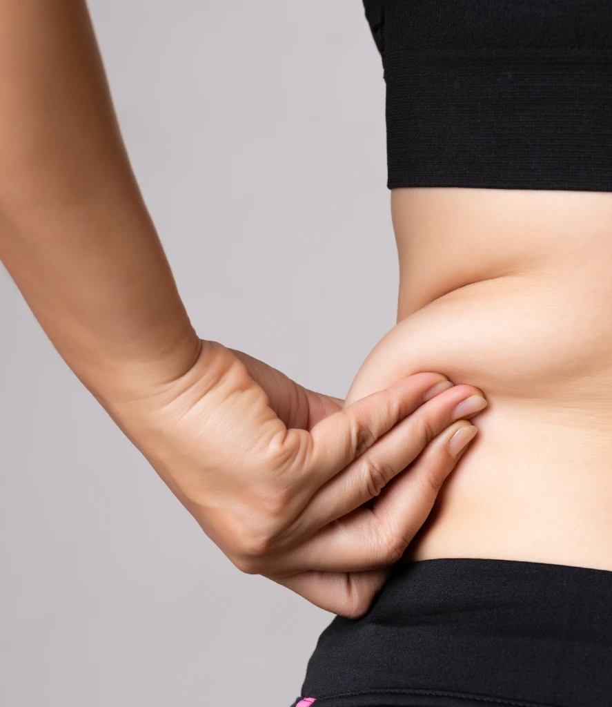 Close-up of a woman pinching her abdominal fat while wearing athletic wear, highlighting a common target area for Medical Weight Loss Treatment in Centennial CO at Refine Med Spa. The image reflects body contouring goals and personal transformation.