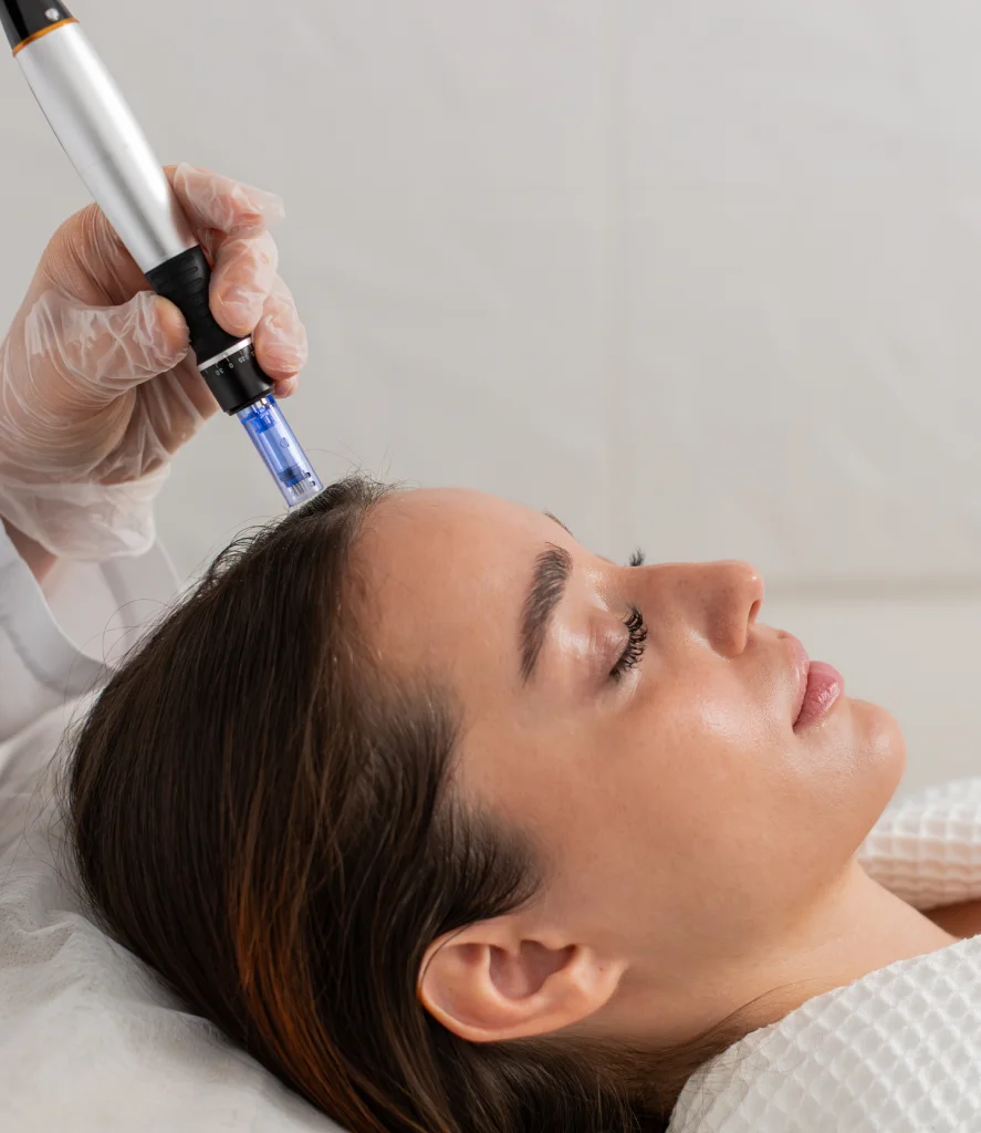Close-up of a clinician performing PRP hair restoration at Refine Med Spa in Centennial, CO, injecting platelet-rich plasma into a patient's scalp to stimulate natural hair growth and strengthen thinning hair.