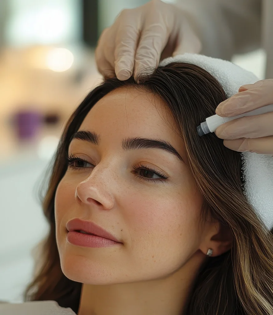 Close-up of a clinician performing PRP hair restoration treatment by injecting platelet-rich plasma into a patient’s scalp. The procedure at Refine Med Spa in Centennial CO is designed to stimulate natural hair growth and strengthen thinning hair.