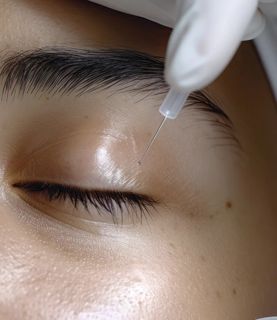 At Refine Med Spa in Centennial CO, a clinician uses fine-needle PRP injections to treat under-eye dark circles and hollowness, providing a refreshed, youthful appearance. The patient is comfortable with eyes closed during the procedure.