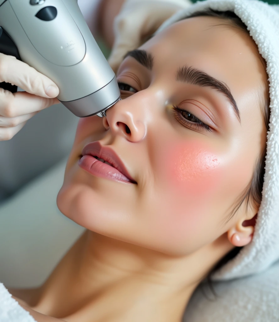 Aesthetic provider performs Skin Resurfacing Laser Treatment on a patient’s face using a precise laser device. The session at Refine Med Spa in Centennial CO is designed to improve skin texture, minimize pores, and reduce discoloration.