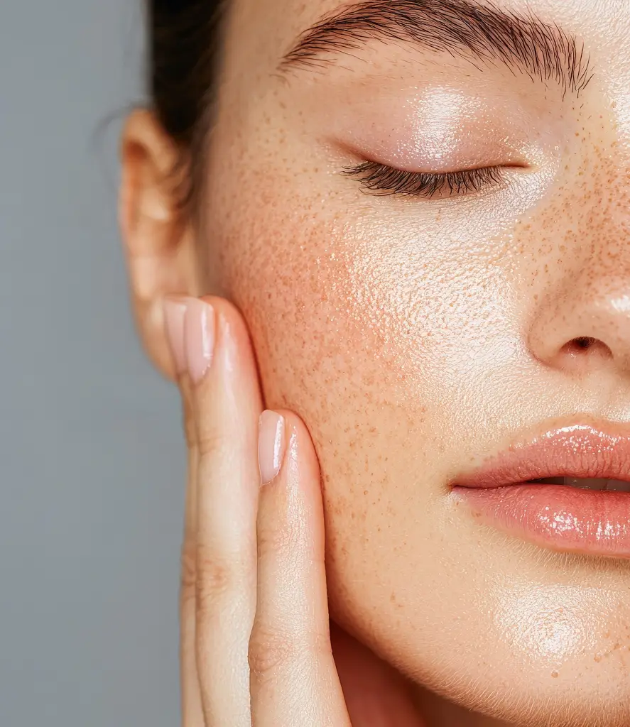 Concerned woman with facial redness and pigmentation gently touches her cheek, representing a skin condition treated at Refine Med Spa in Centennial, CO, through Vascular and Pigmentation Correction.