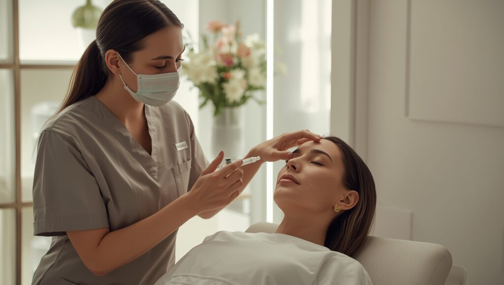 Medical aesthetics consultation showing a provider assessing facial muscle movement for personalized neurotoxin treatment planning.