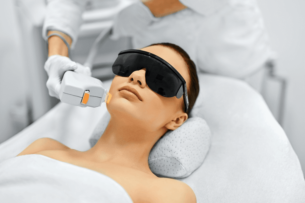 Woman receiving laser facial treatment with goggles