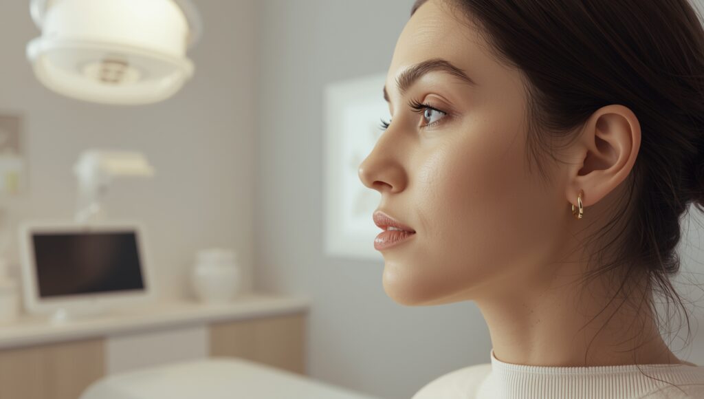 A patient in a modern medical aesthetics clinic during a professional consultation, showing natural facial expression and smooth skin that reflects long-lasting neurotoxin results.