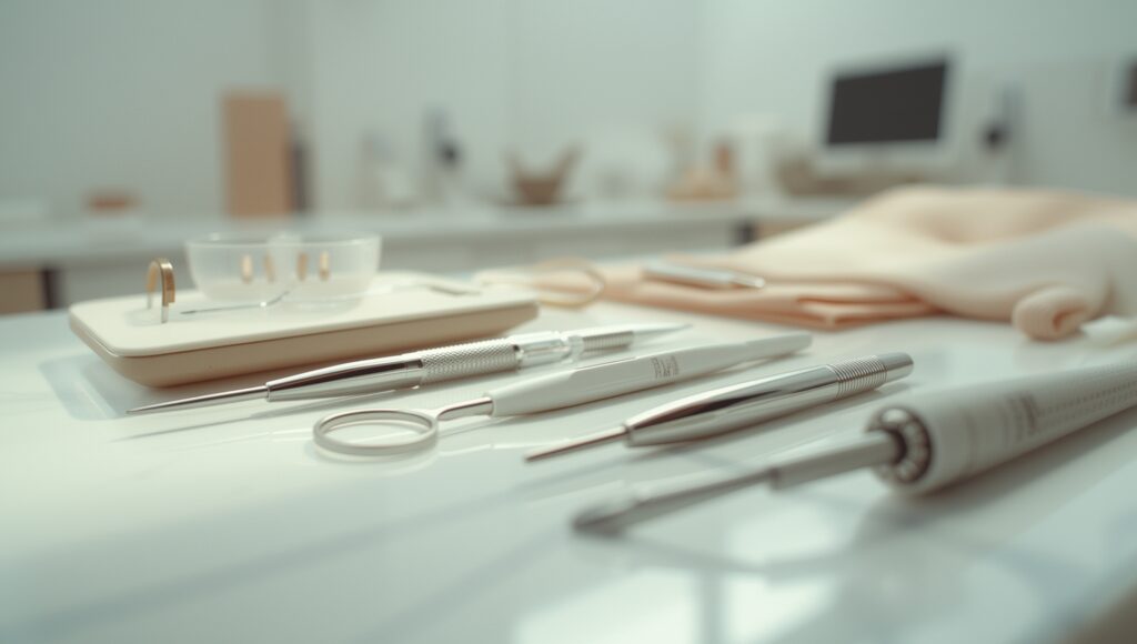 Medical aesthetics workspace with professional skin rejuvenation treatment tools arranged in a clean, clinical setting