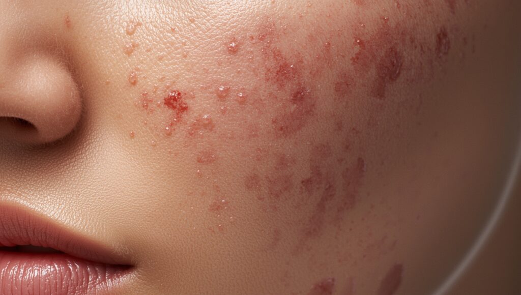 Close-up view of acne scars and uneven skin texture showing areas targeted by skin resurfacing treatments