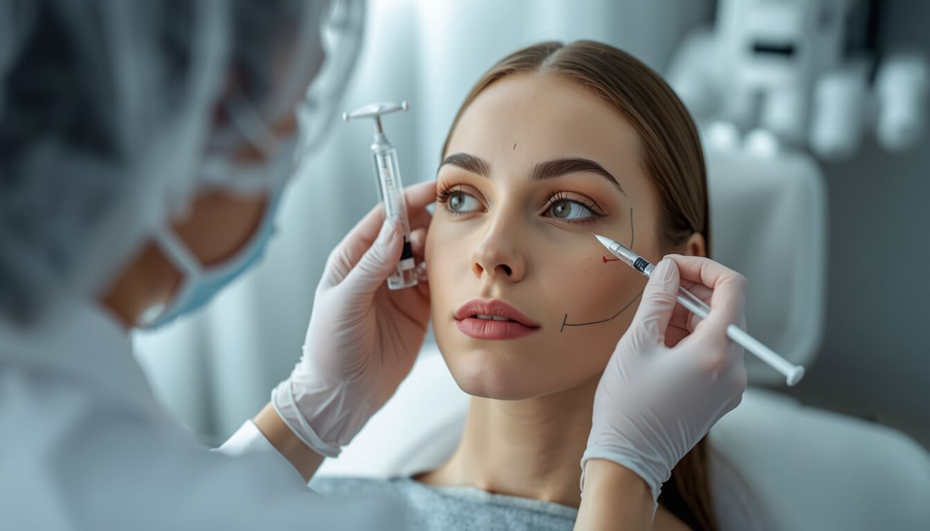 Aesthetic injector examining a patient’s face and discussing Juvederm and Restylane dermal filler options during a med spa consultation.