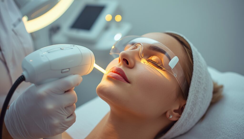 IPL photofacial treatment being performed on a patient to reduce sun damage, pigmentation, and facial redness.