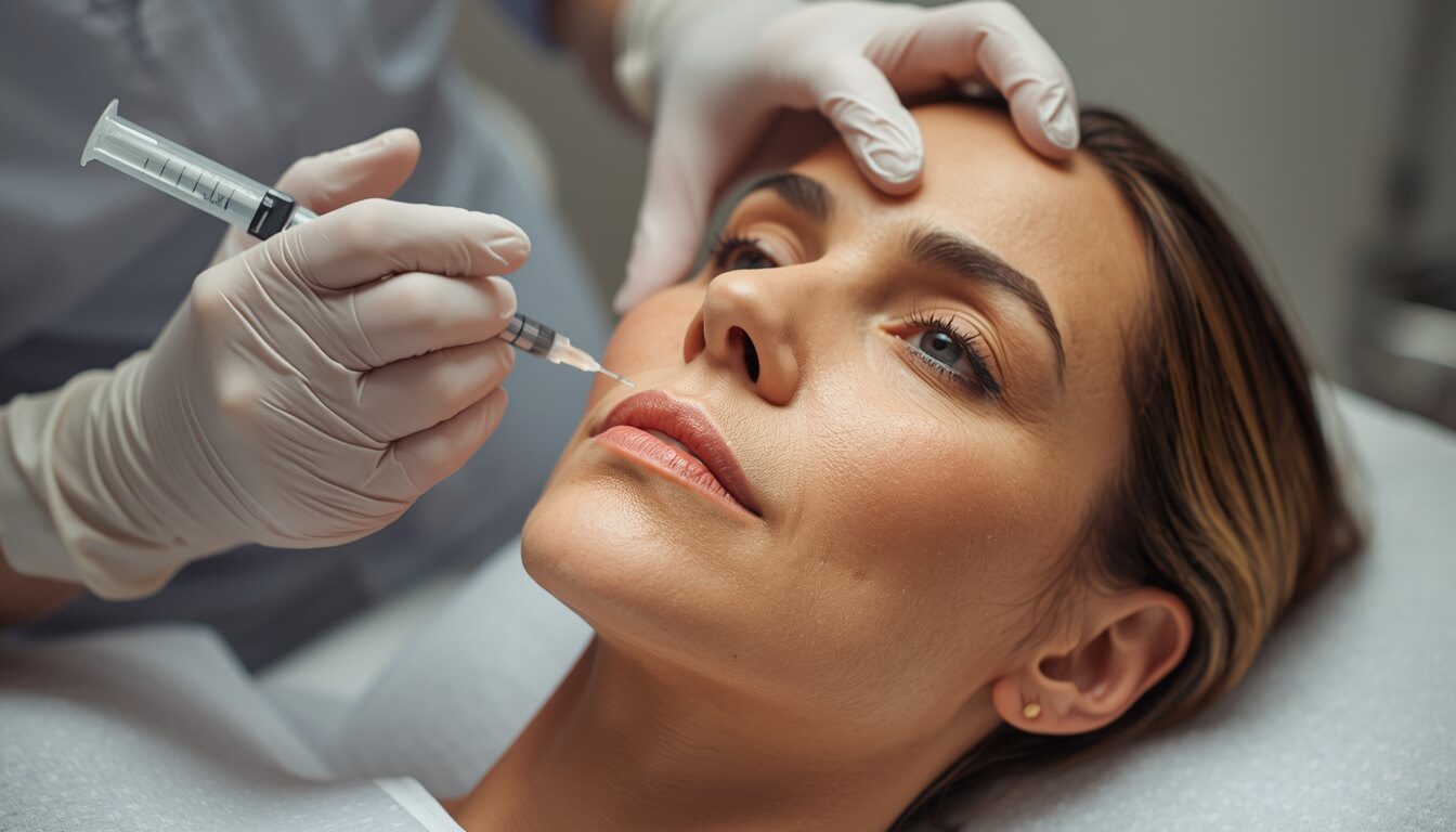 Non surgical dermal filler treatment being performed to restore facial volume and reduce age related facial changes