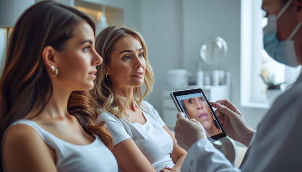 Consultation at a medical spa discussing wrinkle treatment options for women in their 30s, 40s, and 50s.