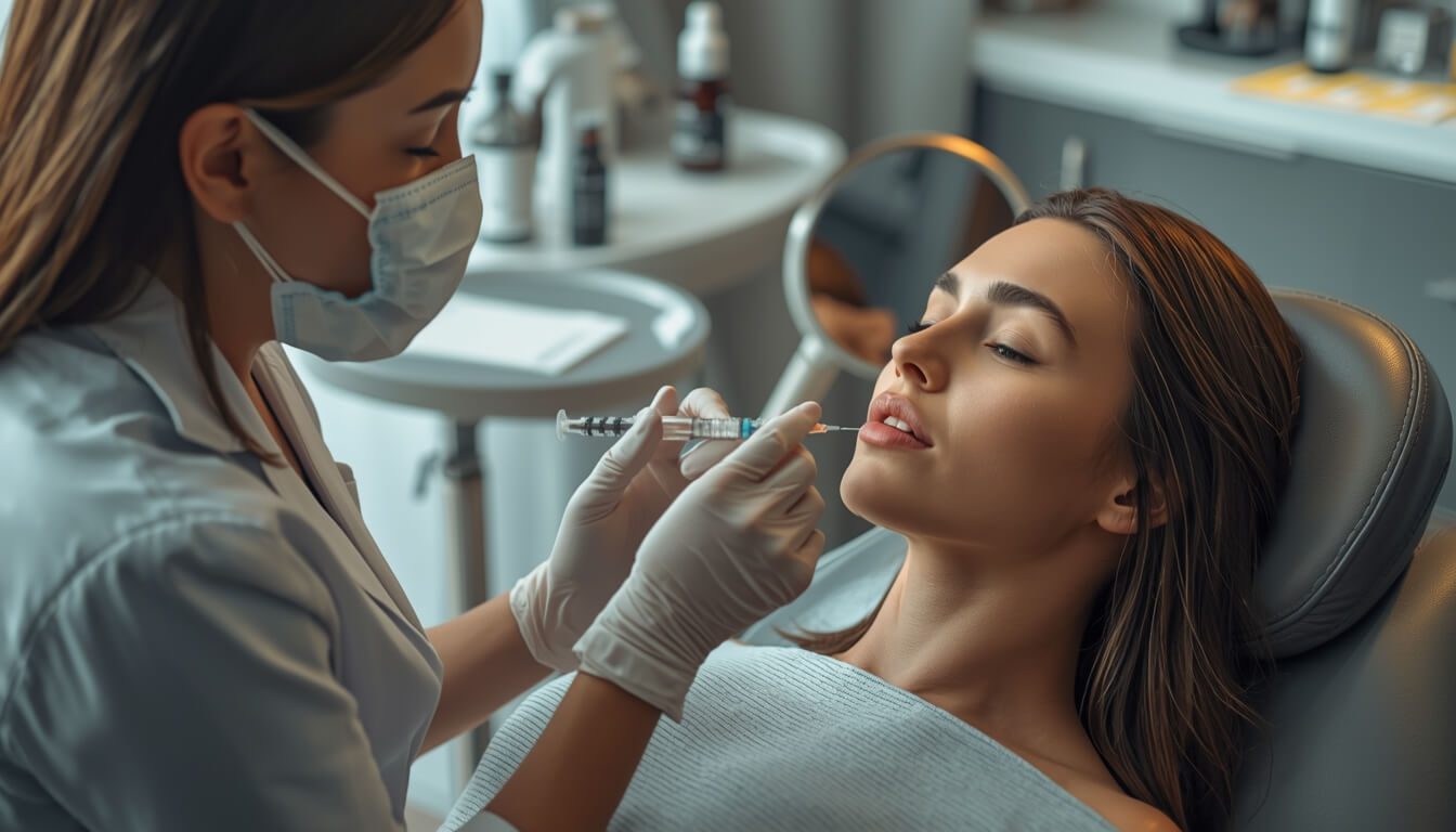 Close up dermal lip filler treatment being performed to enhance lip shape and volume using hyaluronic acid fillers